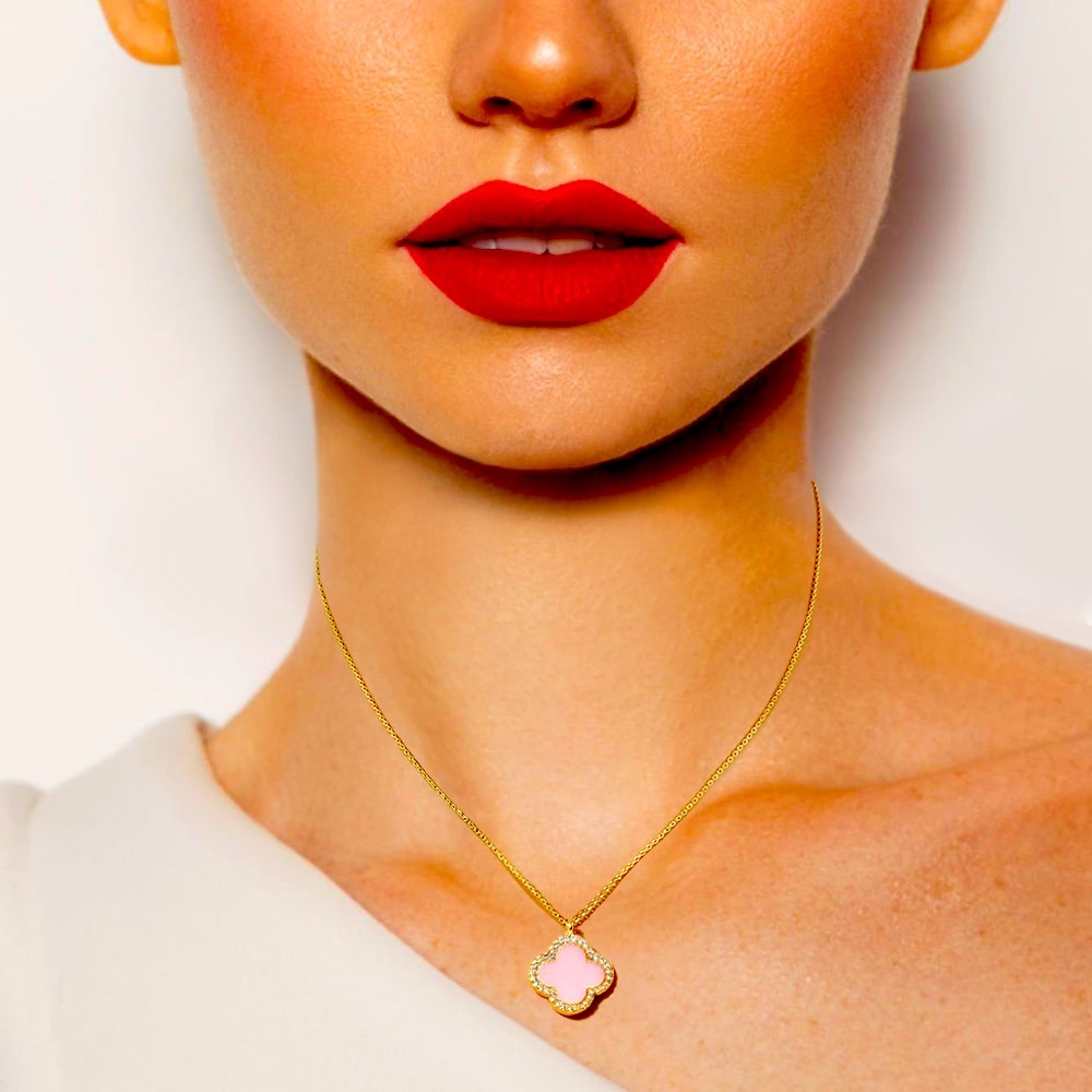 QUATREFOIL PINK PENDANT GOLD DIPPED NECKLACE